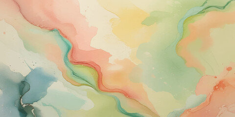 Abstract soft water color background with light pink, peach, yellow, and pale blue, with gentle gradients and fluid brushstrokes creating a dreamy, ethereal effect.