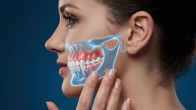 Woman experiencing jaw and gum pain with a detailed anatomical view of teeth inflamed gums and the temporomandibular joint Visualizing dental pain TMJ discomfor