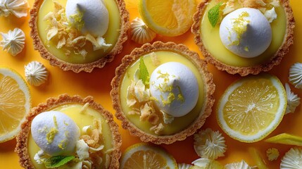 Lemon tartlets with meringue and lemon slices on a yellow surface, overhead view