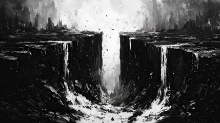 Black And White Ruined Cityscape With Waterfalls
