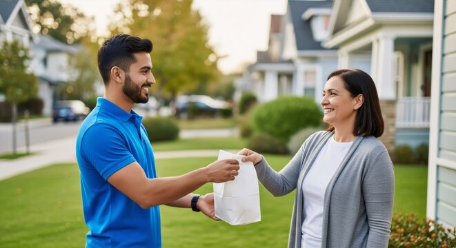 A man delivering a paper bag to a woman at her home. Customer receiving a package from a delivery worker. Home delivery service and convenience concept.