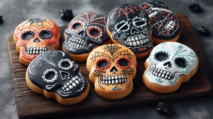 Skull cookies decorated with colorful icing, Halloween, holiday, fall