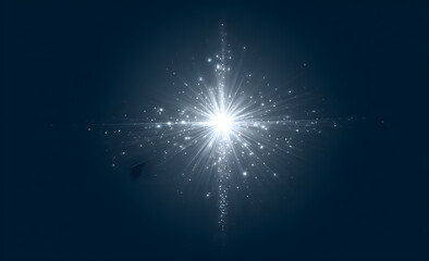 Bright starburst with radiating light beams and sparkling particles on a dark blue background.