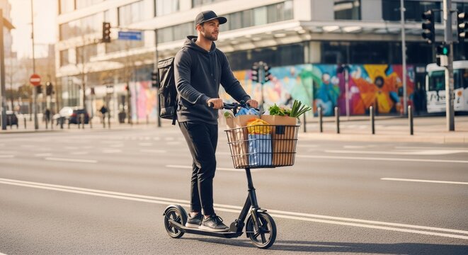 Urban man riding electric scooter on city street with groceries in basket. Eco-friendly transport delivery service concept.