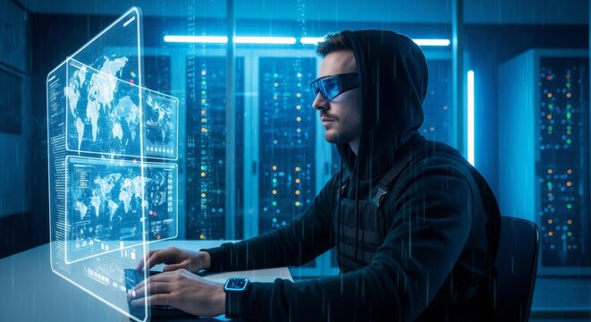 Man in hoodie and glasses working with virtual interface displaying world map and data visualization for global technology concept.