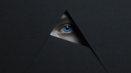 a blue eye peeking out from behind black paper in the shape of an isosceles triangle on a dark background