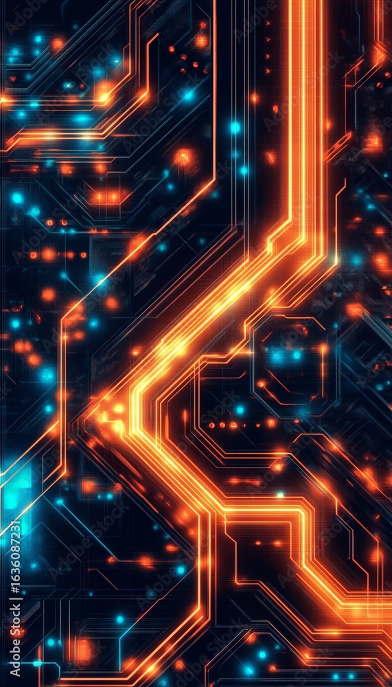 Poster futuristic digital circuitry design with neon lights and geometric patterns in high-tech environment