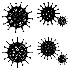 Four black and white virus cells with spikes and internal patterns on a white background illustration
