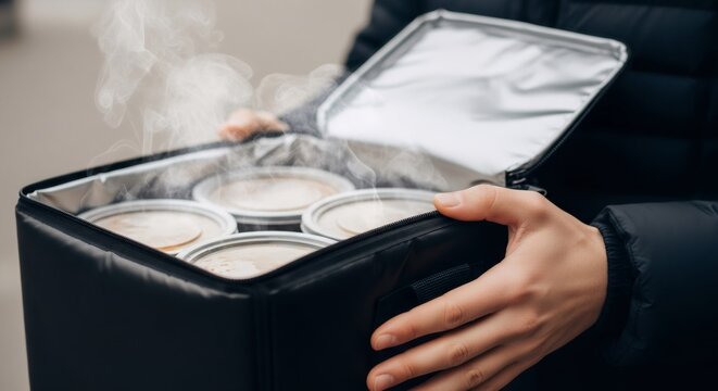 Close-up of a deliverer showing hot food from an insulated bag. Food packaging concept and fast delivery service.