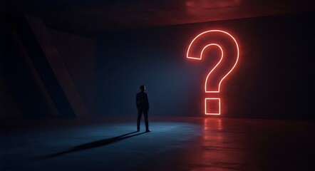 Businessman Facing a Giant Glowing Neon Question Mark