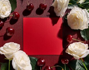 cherry coded red aesthetic blank invitation card centered among white roses and cherries for elegant mockups
