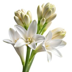 Fototapeta premium Elegant White Tuberose Flowers in Full Bloom and Bud Stage on White Background