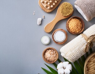 Obraz na płótnie Canvas top view banner spa or bath accessories on grey background sea salt cotton towels natural brushes wooden massagers washcloth relaxation self care routines or eco friendly beauty product