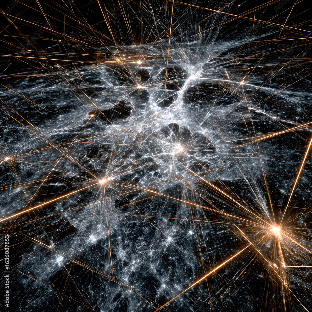Poster cosmic web of interconnected glowing nodes with golden light trails on a dark background.