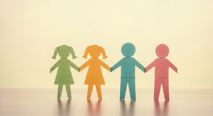Colorful paper figures of children holding hands in unity on a wooden surface, National Stop Bullying Day concept