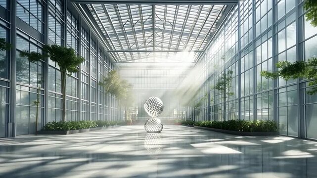 Modern glass atrium with sunbeams and planted greenery