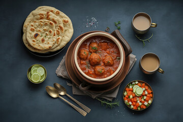 A delicious indian meal featuring curry naan and tea