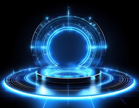 hologram effect of circle digital portals with blue neon light futuristic podiums and teleport platforms with glow and sparkles isolated on black