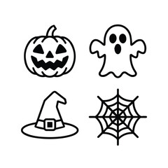 Halloween themed vector image featuring a pumpkin, ghost, witch hat, and spiderweb in black and white outline