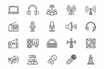 Collection of audio and communication icons in a simple line art style