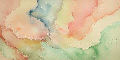 Abstract soft water color background with light pink, peach, yellow, and pale blue, with gentle gradients and fluid brushstrokes creating a dreamy, ethereal effect.