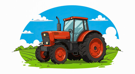 Obraz premium Tractor working on a sunny day in a green field with clouds in the background, National Farmers Day concept