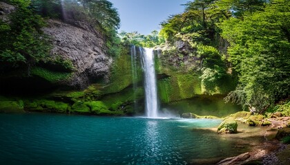 Fototapeta premium majestic waterfall plunges over cliffs into a pristine pool green rocks