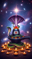 Shiva lingam with nagas and candles hindu god shiva hinduism spiritual art cosmic background