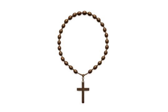 Rosary with cross made of oval shaped wooden beads on transparent background