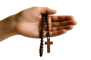 Hand holding rosary with cross made of dark wood beads on transparent background