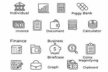 Collection of finance and business icons with labels