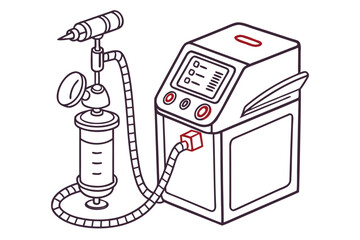 Detailed Line Drawing of a Medical Machine with Monitor and Fluid Reservoir for Treatment Applications