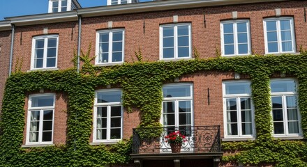 Fototapeta premium View of two modern glass skyscrapers reflecting clouds against a bright blue sky on a sunny day