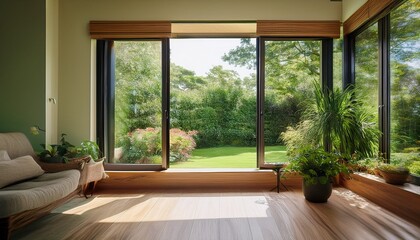 Fototapeta premium cozy room with open windows overlooking a lush green garden