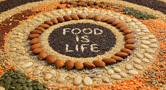 Beautiful arrangement of seeds and nuts creating a colorful food art piece, World Food Day concept