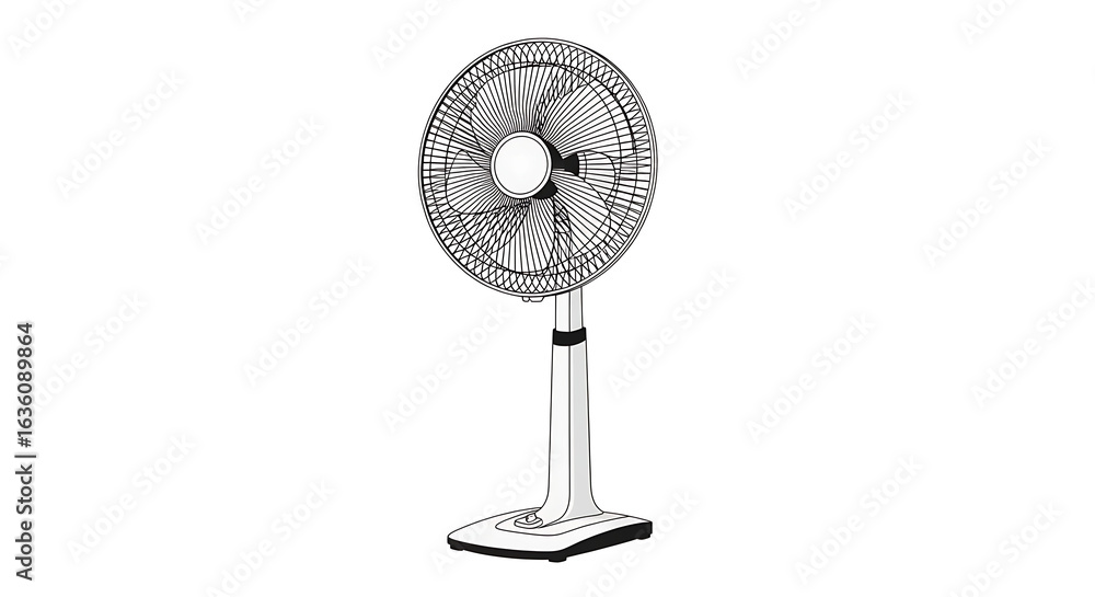 Poster illustration of a white standing fan with a circular head and a rectangular base design element ai g