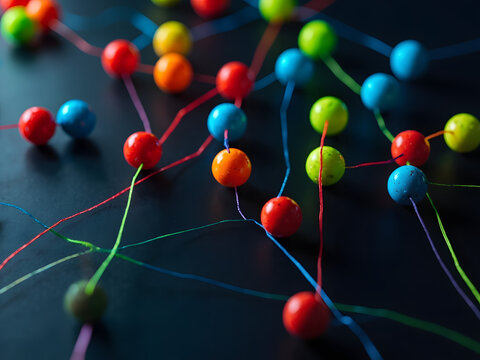 Scatter plot with large, bright markers on deep charcoal background and vivid connecting lines, clean vector style