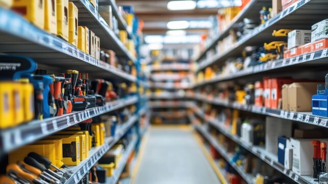 Hardware store aisle with tools and supplies.