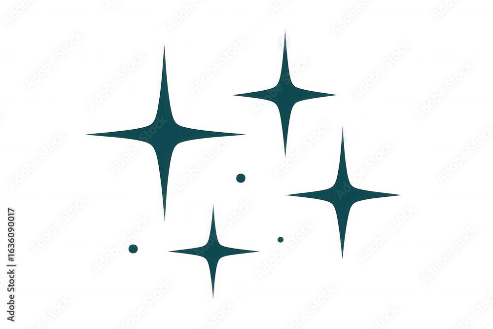 Poster teal stars and small circles sparkling vividly against transparent backdrop, generating luminous abs