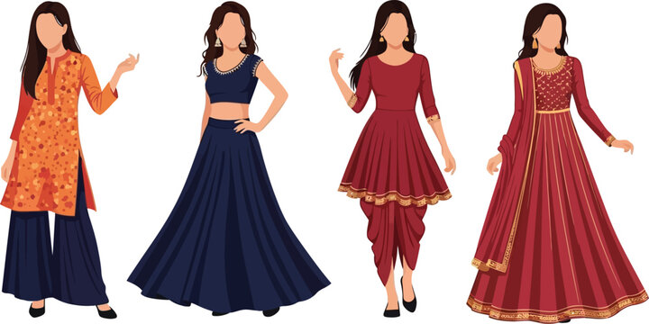 Four women in various traditional Indian outfits, showcasing different styles and designs.