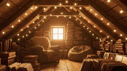 A cozy and warm attic library filled with books, an armchair, and glowing string lights creating a perfect reading retreat - Powered by Adobe