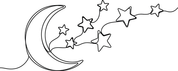 Obraz premium Whimsical Black and White Illustration of Crescent Moon with Scattered Stars Connected by String-Like Lines — Celestial Scene in Minimalist Outline Style