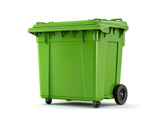 Green plastic garbage bin on white background