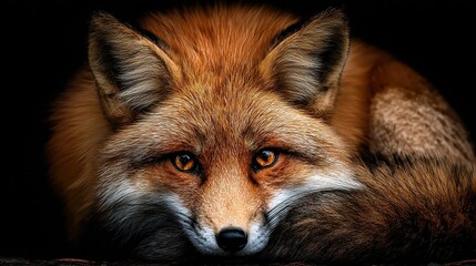 Fototapeta premium Red fox curled up, peering intensely, dark background