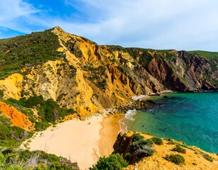 Colorful coastal landscape with a sandy beach