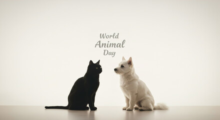 Celebration of World Animal Day with a black cat and a white dog