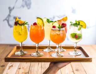 Colorful cocktails on a wooden tray