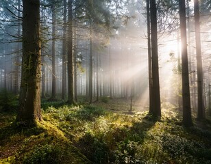 misty forest with sunlight filtering through the trees