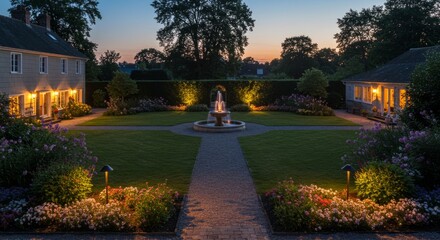 A photograph of a sprawling meticulously landscaped garden at twilight