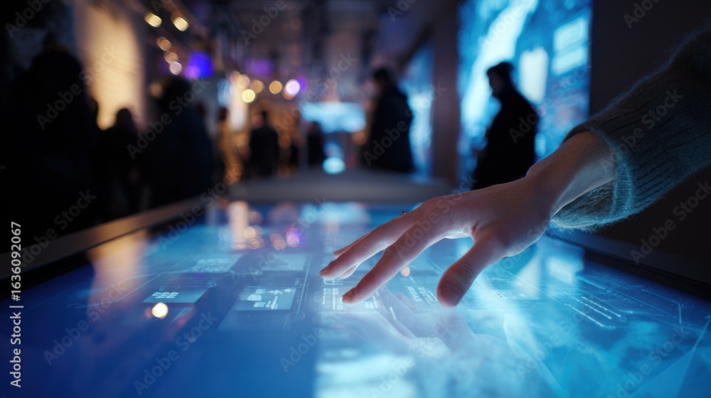 Poster medium shot of a consumer pressing buttons on an interactive display at a popup sensory experience f